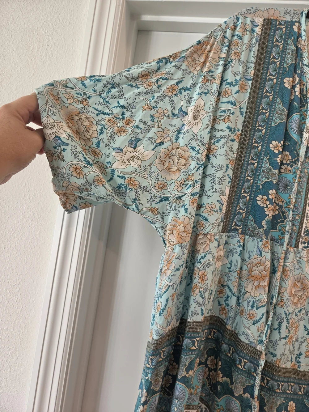 SHEIN Curve Blue Floral Boho Peasant Blouse 1X Flowy Long Sleeve Babydoll Top